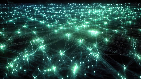a big data network visualized with glowing nodes and connections, representing massive data flows across a digital landscape.の素材