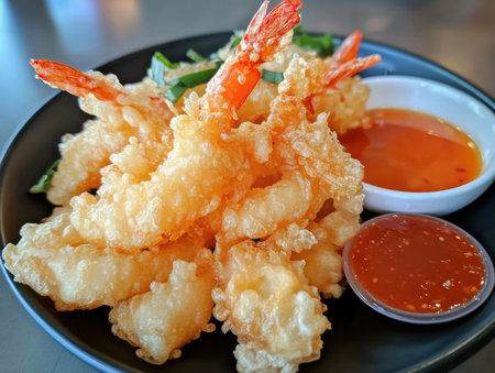 Crispy tempura vegetables served with a side of sweet chili sauce for dipping, creating a perfect flavor combination.の素材