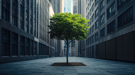 tree growing in the middle of an urban environment, surrounded by tall buildings and concrete, providing a touch of nature in the cityの素材
