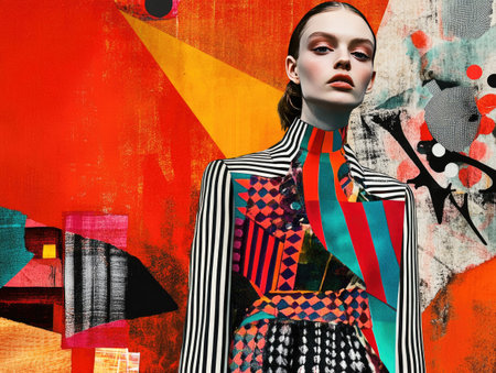 A creative fashion mix, combining different patterns and textures, bold and modernの素材