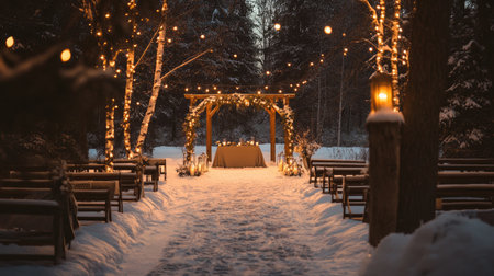 Winter wedding with snow-covered trees, cozy blankets, warm lighting, and a romantic outdoor ceremony amidst the snowの素材