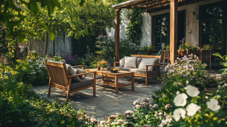Cozy garden furniture set with wooden chairs and a table, placed among flowers and greenery for relaxationの素材