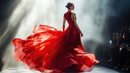 A glamorous red dress flowing elegantly on a runway model, catching the light and attention of the audienceの素材