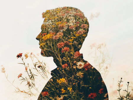 Double exposure with a silhouette of a man and a field of flowers merging into his shapeの素材