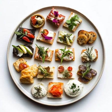 Small plate with appetizers, neatly arranged on a clean white backdropの素材