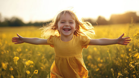 Smiling child running through a field, arms outstretched, bright and joyfulの素材