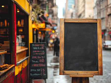 A blank wooden chalkboard frame standing in front of a food truck, with vibrant street life in the background.の素材