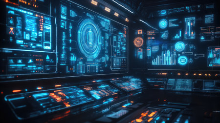 A futuristic digital interface with holographic displays, showcasing data streams, charts, and floating icons, all glowing with a blue neon light.の素材