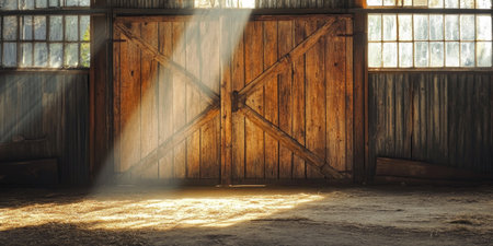 A blank wooden barn door in a rustic farm setting, with sun rays streaming in from the barn windows.の素材