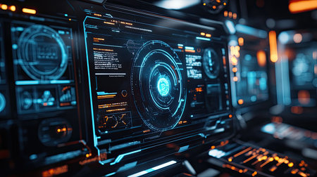 Futuristic technology devices on display, with sleek designs and holographic interfacesの素材