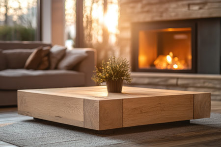 A blank wooden coffee table in a modern living room, with a cozy fireplace in the background casting a warm glow.の素材