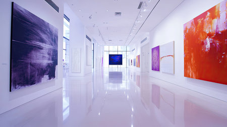 A contemporary gallery space with smooth white floors, large art pieces on the walls, and bright, natural light flooding the room.の素材