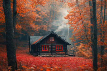 A cozy cabin nestled in an autumn forest, surrounded by vibrant red and orange leaves, with a soft mist rising from the ground.の素材