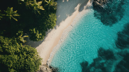 a beautiful island beach from a top view, with crystal-clear waters surrounding the shoreline, and palm trees offering shade.の素材