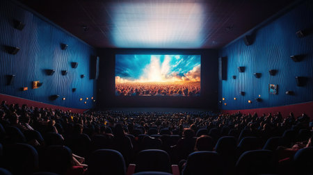 a large movie theater with a big screen showing an epic film, the audience watching in awe as the action unfolds in stunning detail.の素材