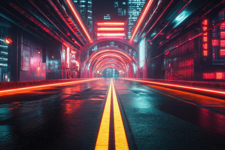 A modern asphalt highway lit by neon signs and streetlights, stretching through a vibrant, futuristic cityscape at night.の素材