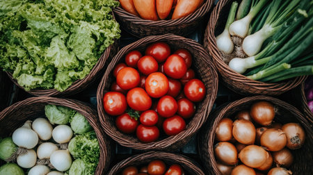 a bustling vegetables market from a top view, showcasing baskets filled with colorful produce like onions, lettuce, tomatoes, and peppers.の素材