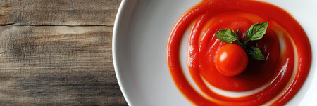 A swirling pattern of tomato pur on a white plate, emphasizing its smooth, rich consistency and bright red color.の素材