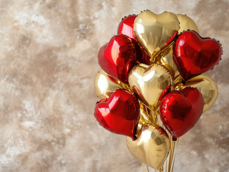 a balloon bouquet for a romantic occasion, featuring heart-shaped balloons in red and gold with elegant ribbon ties.の素材