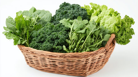 a basket filled with fresh leafy vegetables, including kale, spinach, and arugula, ready for a healthy meal.の素材