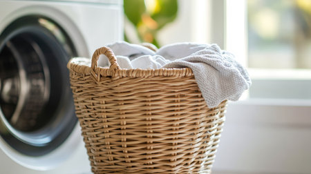 a laundry basket filled with fresh, clean clothes, woven from durable materials, and placed next to a laundry machine.の素材