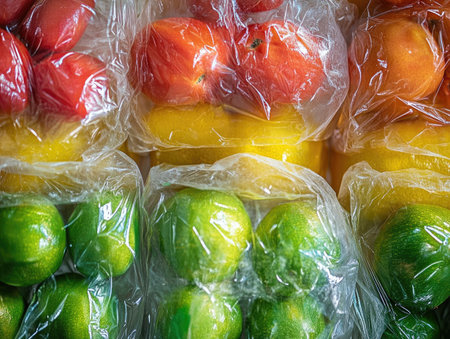 a close-up of fresh food packaging, showing eco-friendly materials wrapped around fresh fruits and vegetables, ready for delivery.の素材
