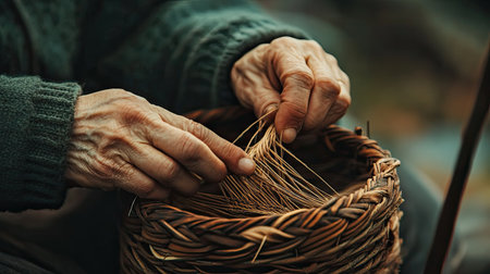 a close-up of basket weaving, with hands crafting a basket from natural fibers, showcasing traditional craftsmanship.の素材