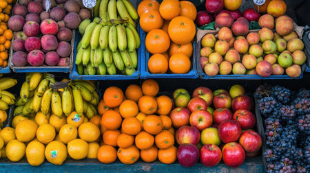 a colorful fresh fruit stand at a market, filled with a variety of fruits like apples, oranges, and bananas, freshly picked and ready for sale.の素材