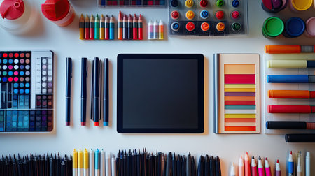 a creative desk setup from a top view, featuring colored markers, sketchbooks, and a tablet, perfect for a designer.の素材