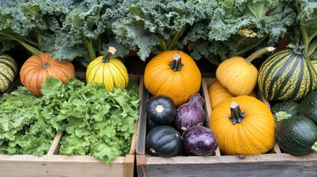 a display of fresh seasonal vegetables at a market, featuring squash, leafy greens, and root vegetables, arranged according to the season.の素材