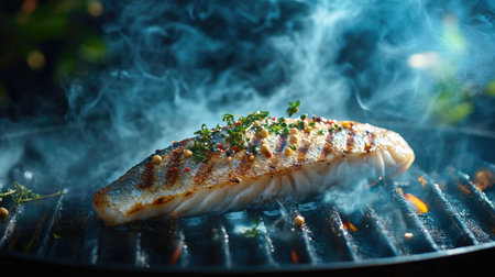 a fresh fish fillet sizzling on a hot grill, with herbs and spices sprinkled on top, as smoke rises from the barbecue.の素材