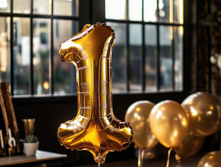 a large shiny foil balloon shaped like the number "1," standing out as the focal point of a first birthday celebration.の素材