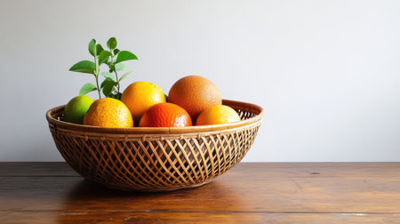 a lightweight bamboo basket, intricately woven and perfect for storing small fruits or used as a decorative piece.の素材