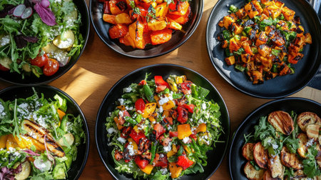 a restaurant menu featuring a variety of fresh vegetable dishes, with salads, soups, and grilled vegetable entrees highlighted.の素材