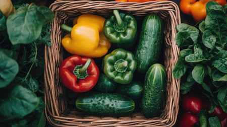 a top view of a variety of organic vegetables, including cucumbers, bell peppers, and spinach, neatly arranged in a basket.の素材