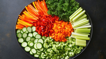 a top view of a large platter of vegetables, arranged with sliced bell peppers, cucumbers, celery, and carrots, perfect for a party appetizer.の素材