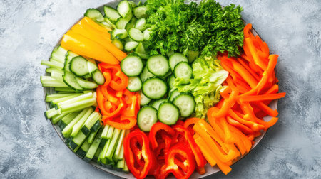 a top view of a large platter of vegetables, arranged with sliced bell peppers, cucumbers, celery, and carrots, perfect for a party appetizer.の素材