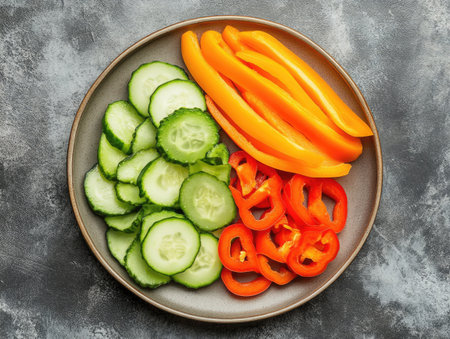 a top view of sliced vegetables neatly arranged on a plate, including bell peppers, cucumbers, and carrots, perfect for a healthy snack.の素材