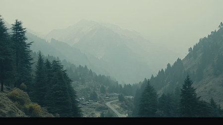 Explore a stunning view of a winding road through a serene mountain landscape filled with trees and enveloped in mist. Perfect for nature lovers.の素材