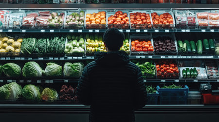 a shopper browsing through rows of fresh vegetables in a grocery store, with neatly arranged produce under bright lighting.の素材