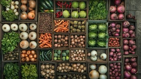 a top view of a market stall filled with fresh vegetables like onions, carrots, and leafy greens, displayed in wooden crates.の素材