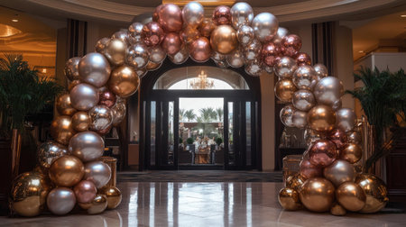 an impressive balloon arch made of metallic balloons in gold, silver, and rose gold, perfect for a glamorous event entrance.の素材