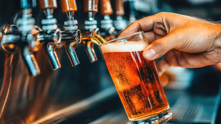 A bartender skillfully pours a fresh draft beer into a pint glass, showcasing the inviting foam and vibrant color, perfect for social gatherings.の素材