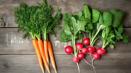 a top view of raw vegetables, featuring freshly picked carrots, radishes, and leafy greens, displayed on a rustic wooden table.の素材