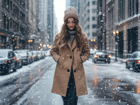 a trendy winter outfit featuring a long coat, knit beanie, and boots, modeled on a snowy city street.の素材