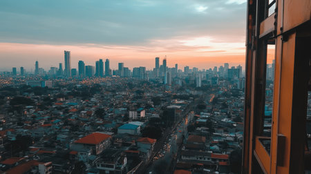A breathtaking sunset view from a ferris wheel showcasing a vibrant cityscape. The scene captures the blend of urban architecture and natural light in the evening.の素材