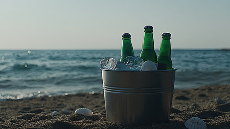A stunning beachside scene featuring a silver ice bucket filled with refreshing drinks. Perfect for evoking a sense of relaxation and summer fun by the ocean.の素材