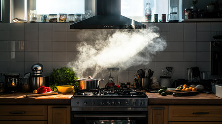 a well-ventilated kitchen, with an air ventilation hood over the stove, efficiently removing steam and cooking odors.の素材