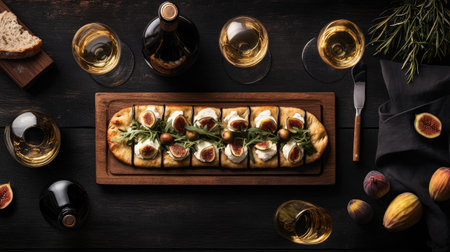 Enjoy a beautifully arranged crispy flatbread pizza topped with fresh ingredients, elegantly presented with wine for a perfect dining experience.の素材
