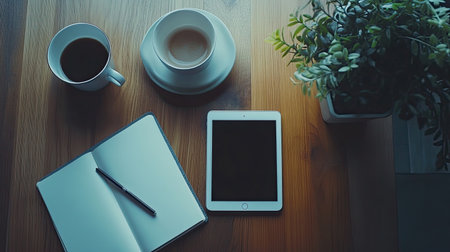 a top view of a desk with a tablet, stylus, and notebook, ready for creative digital work.の素材